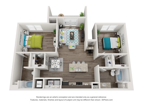 Floor plan for 2 beds, 2 baths, 1061 sqft